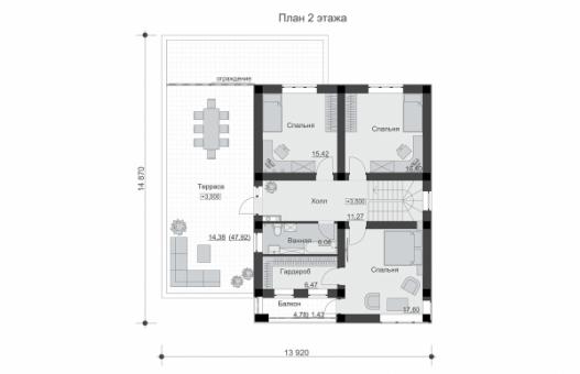 Двухэтажный дом с террасами, балконом и  четырьмя спальнями